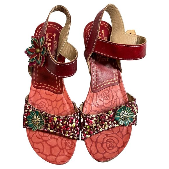 NEW L'Artiste Spring Step Laisis Red Leather Flower Accented Wedge Sandals 39 - Picture 4 of 10